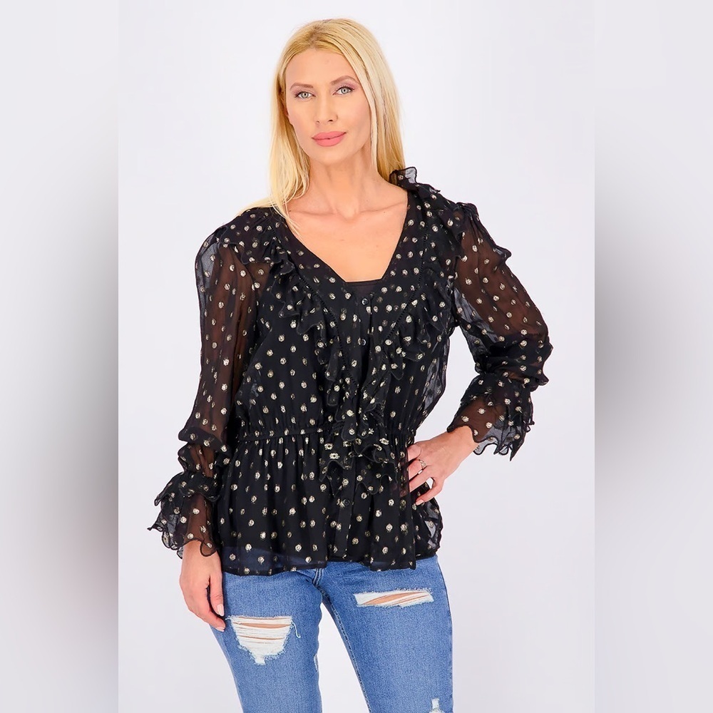 Topshop Black Gold Polkadot V-neckline Lurex Ruffle Tops Size 6